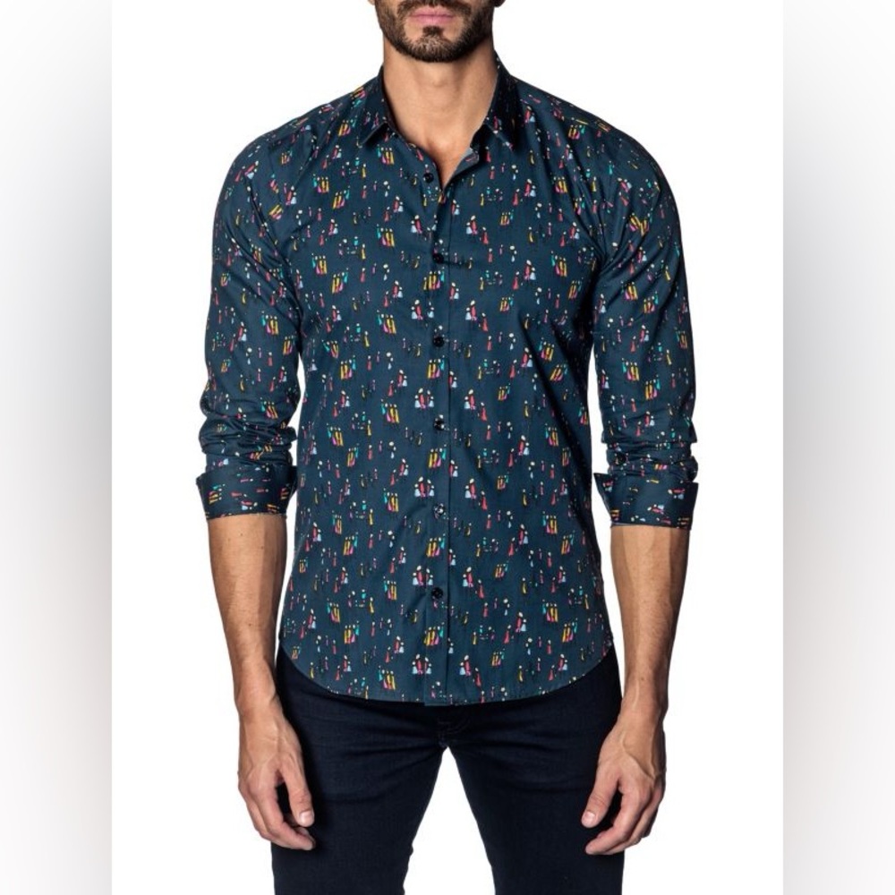 JARED LANG Printed Trim-Fit Button-Down Shirt M